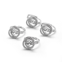 Platinum Brass Finger Cup Peg Ring Settings, with Cubic Zirconia, Cadmium Free & Lead Free, For Half Drilled Beads, Adjustable, Platinum, 19.5mm