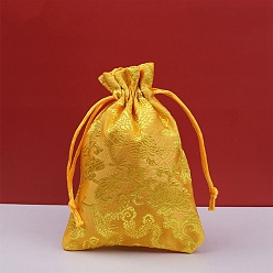 Gold Dragon Print Cloth Pouches, Drawstring Bag for Jewelry Storage, Rectangle, Gold, 14x10cm