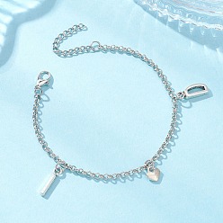 Платина Браслеты с подвесками из сплава, браслеты из латунных цепей роло для женщин, буква ID и сердце, платина, 7-1/4 дюйм (18.5 см)