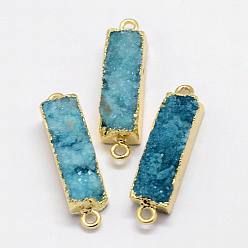 Темно-бирюзовый Гальванические соединители из натурального и окрашенного агата друзы, с латунной фурнитурой золотого цвета, прямоугольные, темные бирюзовый, 32~40x8x6~7 мм, отверстие : 2 мм