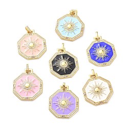 Mixed Color Brass Micro Pave Cubic Zirconia Pendants, with Enamel, Octagon with Sun, Mixed Color, 33.5x29.5x4mm, Hole: 4x2.5mm