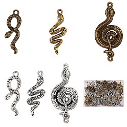 Mixed Color 48Pcs 6 Style Tibetan Style Alloy Pendants, Snake, Mixed Color, 23.5~50.5x10.5~24x2.5~3.5mm, Hole: 1.5~2mm, 8pcs/style