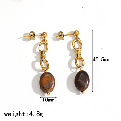 Oval 304 Stainless Steel & Natural Tiger Eye Stud Dangle Earrings, Golden, Oval, 45mm