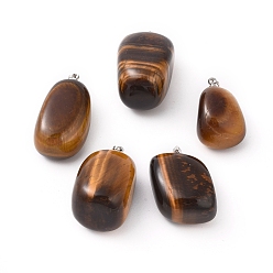 Tiger Eye Natural Tiger Eye Pendants, with Platinum Tone Brass Findings, Nuggets, 23~30x13~22x12~20mm, Hole: 5x3mm