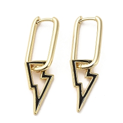 Black Lightning Bolt Real 18K Gold Plated Brass Dangle Hoop Earrings, with Enamel, Black, 37.5x11.5mm