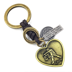 Libra Heart with Constellations Antique Bronze Alloy Keychains, with Leather Cords, Libra, 10cm