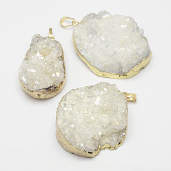 White Electroplated Natural Crystal Pendants, with Golden Tone Brass Findings, Dyed, Nuggets, White, 48~61x20~41x11~32mm, Hole: 4x7mm
