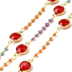 Настоящее золото 18K Латунные эмалевые плоские круглые звенья цепи, со стеклом, без свинца и без кадмия, долговечный, стойки покрытие, пайки, с катушкой, реальный 18 k позолоченный, 5.5x2x3 мм и 15x8.5x4.5