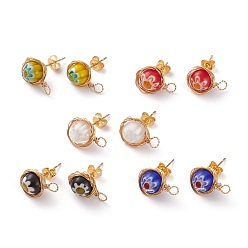 Mixed Color Handmade Millefiori Lampwork Earring Stud Settings and Ear Nuts, with 304 Stainless Steel Findings and Copper Wire, Mixed Color, 10mm, Hole: 2.5mm, Pin: 0.6mm