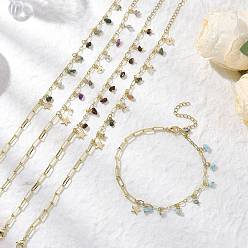 Золотой Браслеты на ногу из натурального ларимара/мохового агата/флюорита/рутилового кварца/гранатовой крошки с подвесками из латуни и цепочкой Фигаро, с 304 звездами из нержавеющей стали, золотые, 9 дюйм (227 мм)