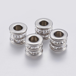 Couleur Acier Inoxydable 201 billes d'acier inoxydable, avec argile polymère strass, Perles avec un grand trou   , rainuré, colonne, couleur inox, 12x10.5mm, Trou: 6mm