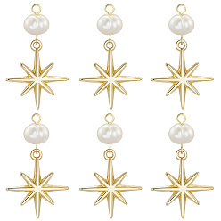Настоящее золото 18K 6шт. подвески в форме звезд из латуни и натурального жемчуга, стойки покрытие, долговечный, без кадмия и без свинца, реальный 18 k позолоченный, 30 мм, отверстие : 1.8 мм