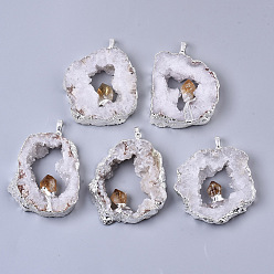 Citrine Natural Druzy Agate Big Pendants, Edge Platinum Plated, with Natural Citrine and Iron Snap on Bails, Nuggets, 37~71x29~55x9~15mm, Hole: 4x6mm