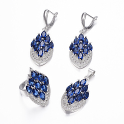 Dark Blue Brass Micro Pave Cubic Zirconia Jewelry Sets, Pendants & Hoop Earrings & Finger Rings, Marquise/Horse Eye, Platinum, Medium Blue, Size 9(19mm), 38.5x17x5.5mm, Hole: 5.5x4mm, 49x17x5.5mm, Pin: 1mm