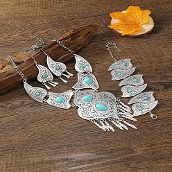 Темно-бирюзовый Комплекты ожерелий, серег и браслетов из сплава каплевидной формы и синтетической бирюзы, античное серебро, темные бирюзовый, Ожерелье: 500 mm