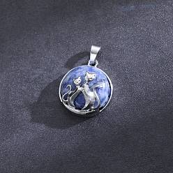 Blue Spot Jasper Flat Round with Cat Natural Blue Spot Jasper Pendants, with Platinum Alloy Finding, 32x22mm