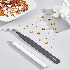 Topaz 600Pcs 6 Styles Glass Flat Back Rhinestone, Grade A, Back Plated, Faceted, Half Round, with 1Pc 201 Stainless Steel Curved Pointed Tweezers and Wood Nail Art Rhinestones Pickers Pen, Topaz, 1.5~1.6mm