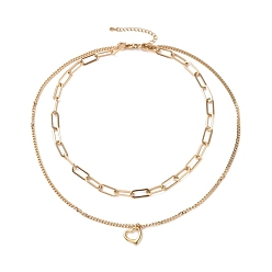 Golden PVD Vacuum Plating 304 Stainless Steel Double Chains Multi Layered Necklace with Heart Charm for Women, Golden, 16.34 inch(41.5cm)