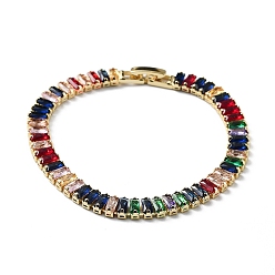 Colorful Rack Plating Brass Micro Pave Cubic Zirconia Chain Bracelets with Fold Over Clasps, Long-Lasting Plated, Colorful, 7-5/8x1/4 inch(19.3x0.6cm)