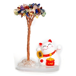 Mixed Stone Natural Gemstone Chips Tree Decorations, Plastic Lucky Cat with Copper Wire Feng Shui Energy Stone Gift for Women Men Meditation, 80mm
