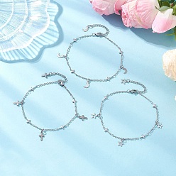 Stainless Steel Color 3Pcs 3 Styles 304 Stainless Steel Cross Link Chain Anklets, Star Cross Moon Charm Anklets for Women, Non-Tarnish, Stainless Steel Color, 9-1/4 inch(235~236mm), 1pc/style