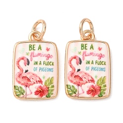 Golden Printed Brass Pendants, Rectangle with Flamingo Charms, Colorful, Golden, 20x12.5x2mm, Hole: 4mm