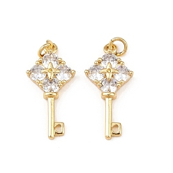 Rhombus Подвески из латуни с прозрачными кубическими цирконами, Брелоки для ключей, с целью перехода в кольце, стойки покрытие, долговечный, без кадмия и без свинца, реальный 18 k позолоченный, ромб, 23.5x11.5x4 мм, отверстие : 3 мм