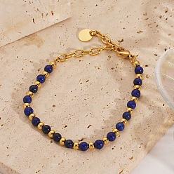 Ляпис-Лазурь Женские браслеты из натурального лазурита в богемном стиле с круглыми бусинами, застежка из нержавеющей стали, реальный 18 k позолоченный, 6-1/4 дюйм (16 см)