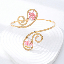 Light Coral Bohemian Ocean Alloy & Resin & Plastic Pearl Fish Spiral Cuff Arm Bangles for Women, Golden, Light Coral, Inner Diameter: 3.31 inch(8.4cm)