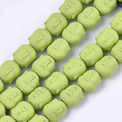 Yellow Green Spray Painted Non-magnetic Synthetic Hematite Beads Strands, Matte Style, Buddha Head, Yellow Green, 10x9x7.5mm, Hole: 1mm, about 39pcs/strand, 15.7 inch