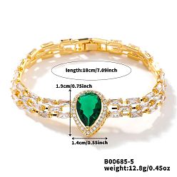 Зеленый Браслеты-цепочки из латуни с кубическими циркониями, браслеты для часов для женщин, слеза, зелёные, внутренний диаметр: 7-1/8 дюйм (18 см)