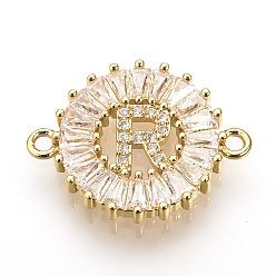Letter R Brass Micro Pave Cubic Zirconia Links, Flat Round with Initial Letter, Letter.R, 20x15x2.5mm, Hole: 1mm