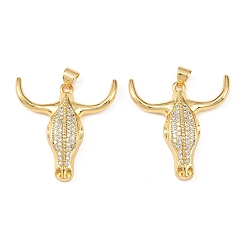 Настоящее золото 18K Латунные микропаве прозрачные подвески с фианитом, оберег на голову крупного рогатого скота, долговечный, без кадмия и без свинца, реальный 18 k позолоченный, 30.5x29.5x6.5 мм, отверстие : 5x3.5 мм