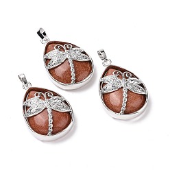 Камень с Пылевым Золотом Синтетические голдстоуновские подвески, с латунной фурнитурой платинового цвета, без свинца и без кадмия, слезинка с подвесками в виде стрекоз, 40~40.5x26~26.5x9~9.5 мм, отверстие : 5x7 мм