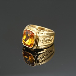 Золотистый 304 Кольца для мужчин из нержавеющей стали с кубическим цирконием и узором в виде дракона, прямоугольные, золотые, размер США 7 (17.3 мм)