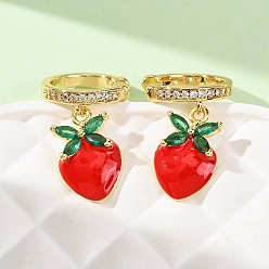 Настоящее золото 18K Латунные серьги-манжеты из прозрачного кубического циркония, с эмалью, клубника, без кадмия и без свинца, долговечный, стойки покрытие, реальный 18 k позолоченный, 18x13.5 мм