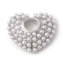 Платинированный Экологически чистые стеллажи с латунным покрытием из европейского бисера, с акриловым жемчуг имитация, бусины с большим отверстием, долговечный, без свинца и без кадмия, сердце, Реальная платина, 14x16.5x5.5 мм, отверстие : 4.5 мм