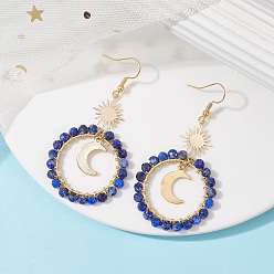 Golden Moon & Star Copper Wire Wrapped Dangle Earrings, Natural Lapis Lazuli Beaded Long Drop Earrings, Golden, 65x33mm