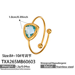 Deep Sky Blue Adjustable 316 Stainless Steel & Glass Cuff Open Rings, Triangle, Golden, Deep Sky Blue, Inner Diameter: 15~20mm