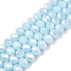 Светло-Голубой Стеклянные бусины с гальваническим покрытием , непрозрачный сплошной цвет, с покрытием AB цвета, граненые, рондель, Небесно-голубой, 8x6 мм, отверстие : 1 мм, около 60~62 шт / нитка, 39~40 см