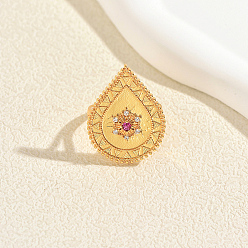 Medium Orchid Brass Micro Pave Cubic Zirconia Finger Rings for Women, Teardrop, Golden, Medium Orchid, 30mm, Inner Diameter: 16~18mm