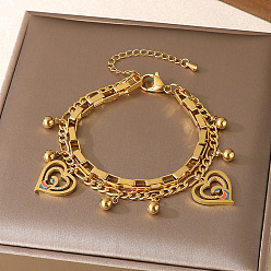 Сердце День матери 304 Браслеты из нержавеющей стали с цепочками Фигаро и коробчатой цепочкой, двухслойные, браслеты с подвесками для женщин, с эмалью, золотые, сердце с мамой, 7.48 дюйм (19 см)