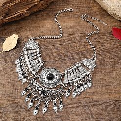 Черный Этнический стиль цинковый сплав паве синтетическая бирюза каплевидные массивные ожерелья нагрудник для женщин, античное серебро, чёрные, 19.69 дюйм (50 см)