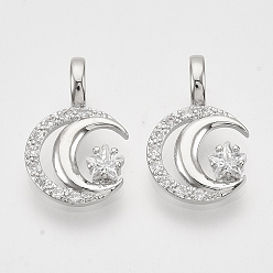 Platinum Brass Micro Pave Cubic Zirconia Pendants, Nickel Free, Moon and Star, Clear, Real Platinum Plated, 17x11x2.5mm, Hole: 3x4mm