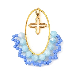 Blue Oval Brass Pendants, with Glass Beads and 304 Stainless Steel Tiny Cross Charms, Golden, Blue, 36x30.5x4.5mm, Hole: 3.5mm