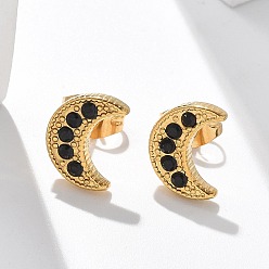 Настоящее золото 18K 304 серьги-гвоздики из нержавеющей стали для женщин, со стразами, ионное покрытие (ip), луна, реальный 18 k позолоченный, 10x7.5 мм