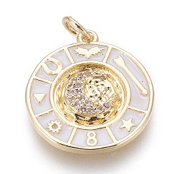Золотой Латунь эмаль подвески, с микро проложить кубического циркония, плоские круглые с луной, белые, золотые, 20x18x2.5 мм, отверстие : 3.5 мм