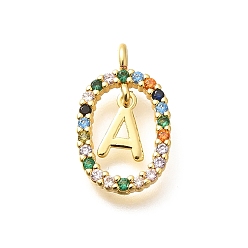 Letter A Латунные микро проложить кубического циркония подвески, без кадмия, без никеля и без свинца, реальный 18 k позолоченный, овал с подвесками в виде букв, буква a, 18.5x11x3.5 мм, отверстие : 2x1.5 мм