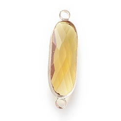 Золотистый Соединители стеклянные ссылки, с латунной фурнитурой , граненые, овальные, золотые, 31.5x8.5x4.5 мм, отверстие : 2.5 мм