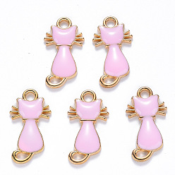 Pink Alloy Enamel Pendants, Cat Shape, Light Gold, Pink, 22x12x2~3mm, Hole: 2mm